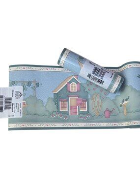 Countryside Wallpaper Border Country Cottage Garden Cat Green Hearts Blue 10 Yds